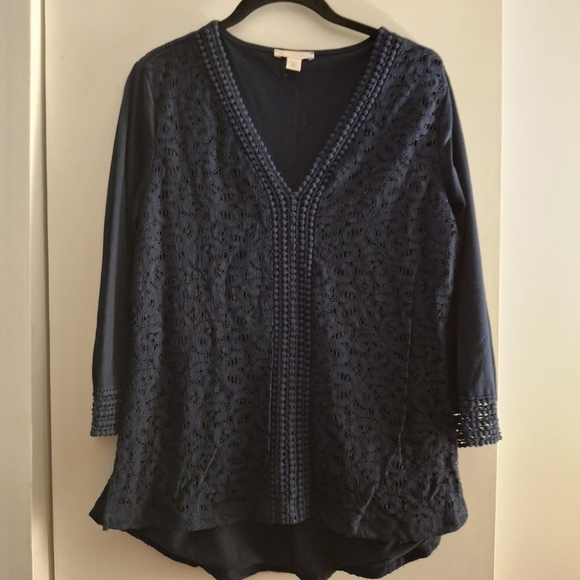 Db Established 1962 Tops - DB Established 1962 Women's Dark Blue Lace Embellished 3/4 Sleeve Tunic